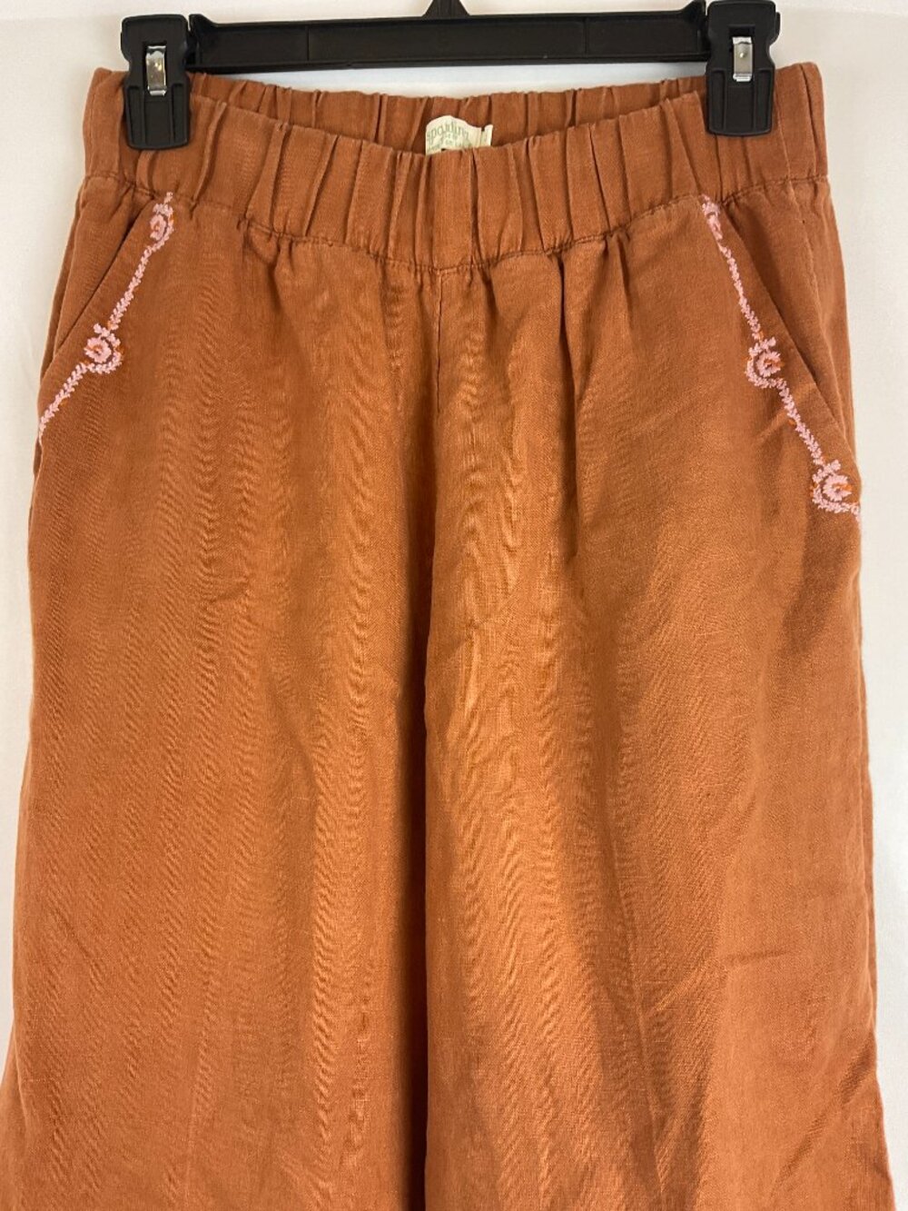 Spartina 449 Pants XS Sienna Brown Light Pink Orange Embroidery Elastic Waist - Picture 2 of 8